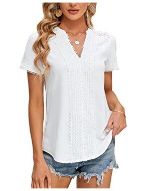 Lace Embroidered V Neck Blouse Short Sleeve Business Casual Summer Work Top